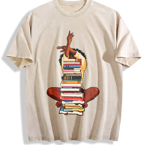 100 Black Woman And Books Stack Afro Girl Book Lover Vintage Washed T-Shirt - Beige