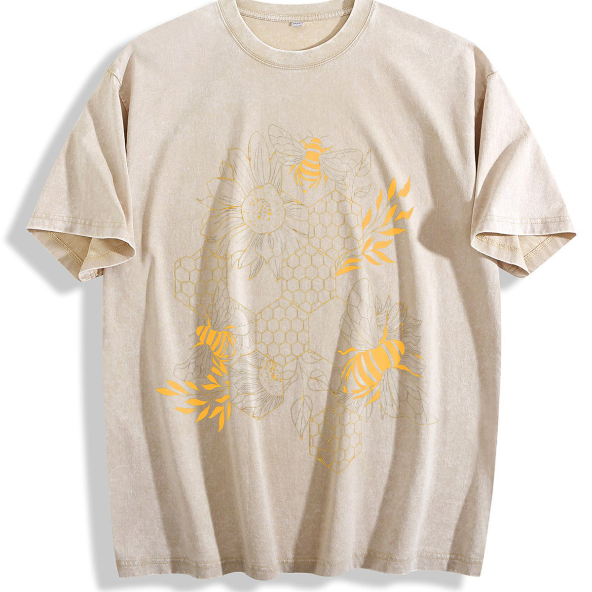 Gold Botanical Line Art Vintage Washed T-Shirt - Beige