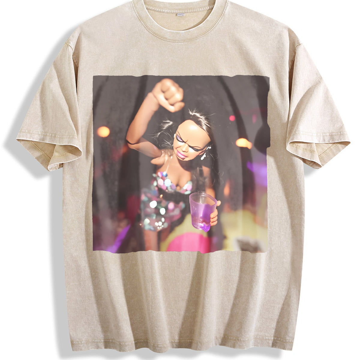 Doll Dancing with a Party Drink Vintage Washed T-Shirt - Beige