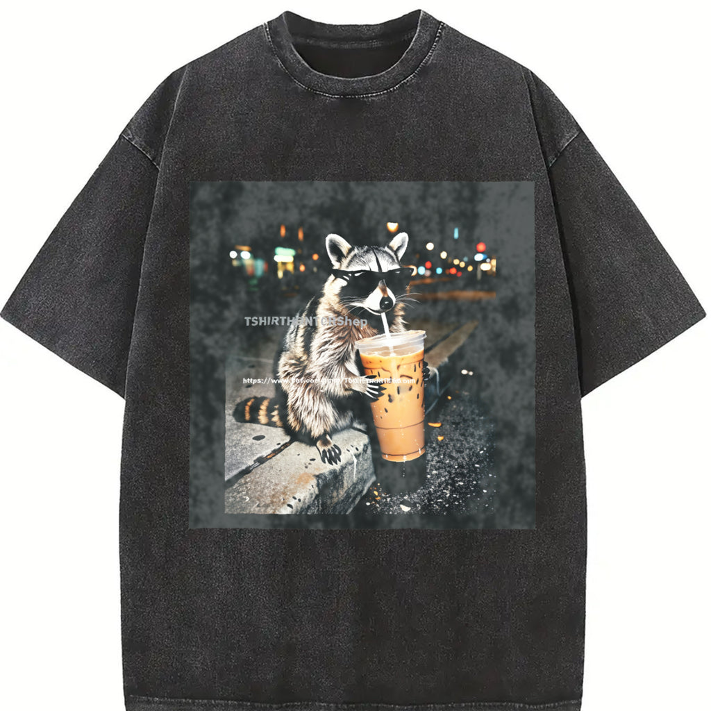Funny Raccoon Drinking Iced Coffee Shirt, Animal Meme Graphic Tee, Gift for Men, Women funny shirts for women, Womenswear Cotton Top Streetwear