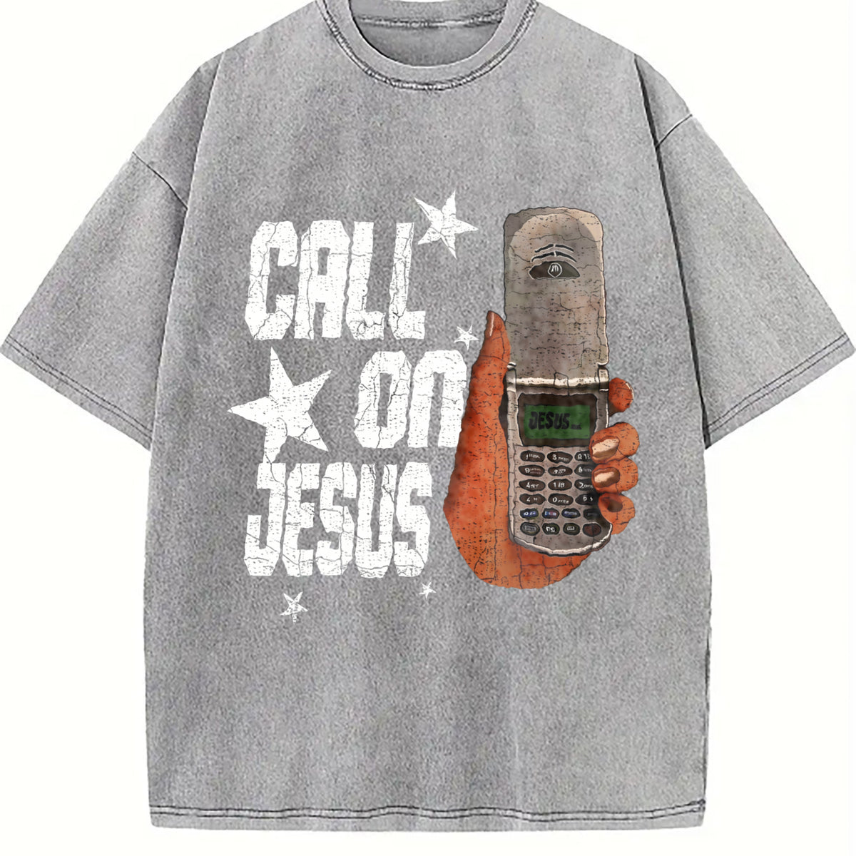 Call On Jesus Flip Phone White Religious Vintage Washed T-Shirt - product view