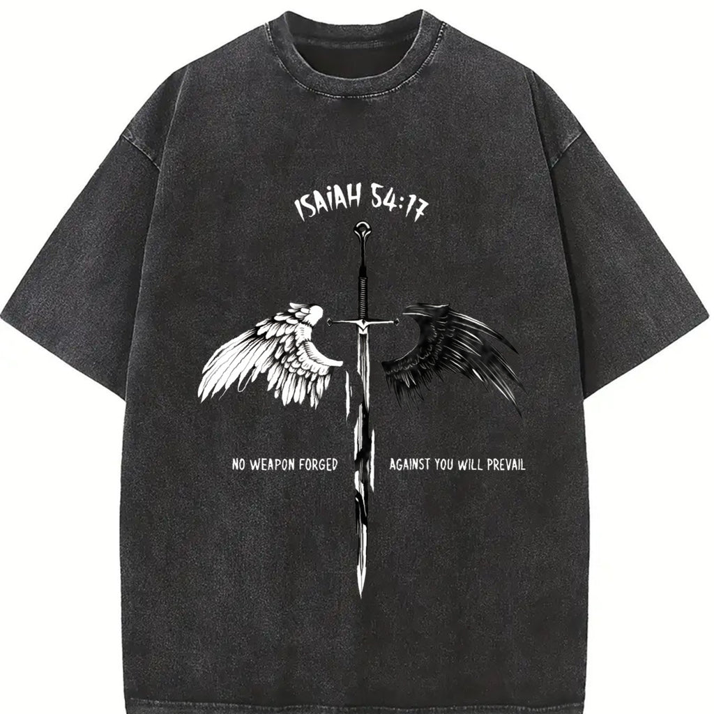 valentine shirts Isaiah 54:17 Bible Verse T-Shirt Washed , No Weapon Formed Christian Shirt, Sword and Angel Wings Faith Streetwear Graphic Tee, HOPE Jesus Apparel Church Outfit Gym Pump Cover