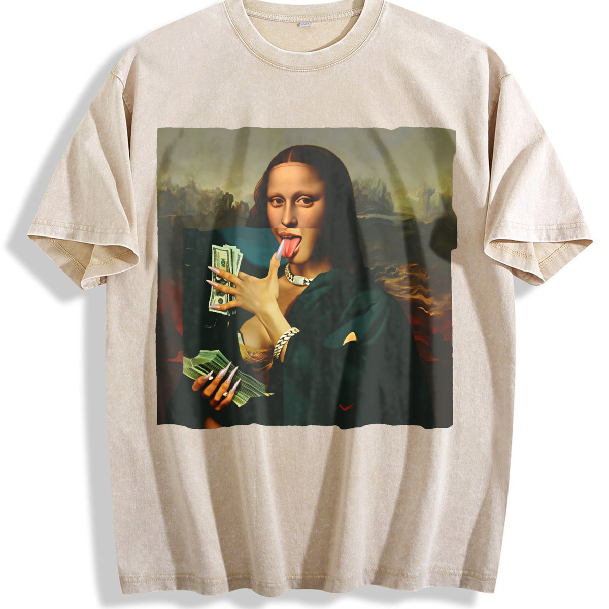 Mona Lisa Funny Vintage Washed T-Shirt - Beige