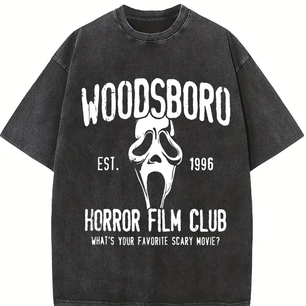 Woodsboro Horror Film Club TShirt Featuring Scream Ghost Face Design For Thriller Movie Fans Spooky Season Streetwear Womenswear