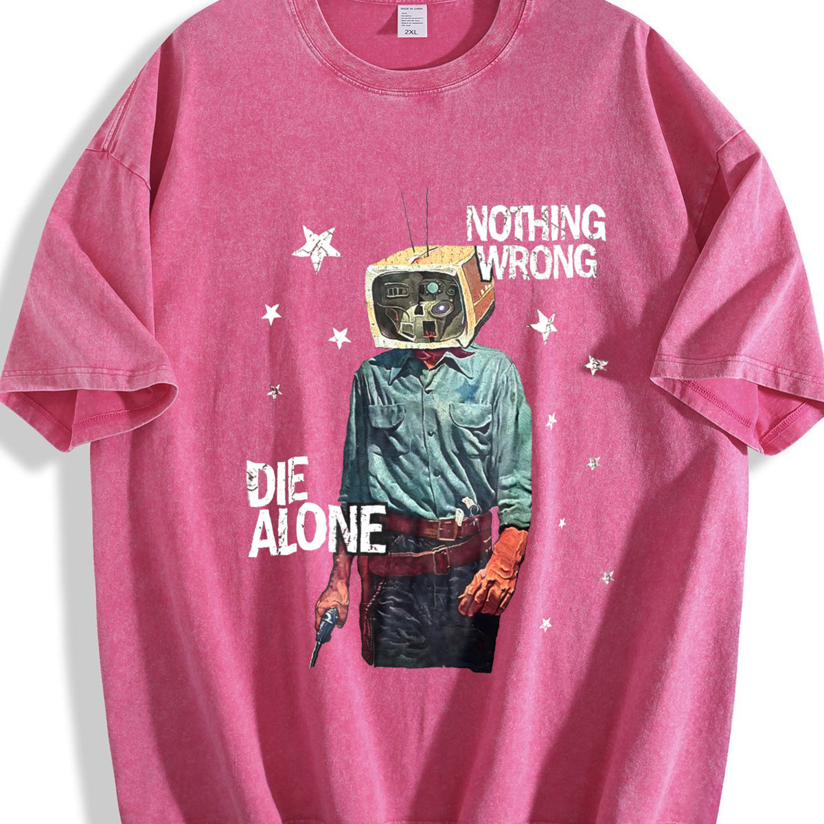 Tv Head Cowboy Die Alone White Grunge Vintage Washed T-Shirt - product view