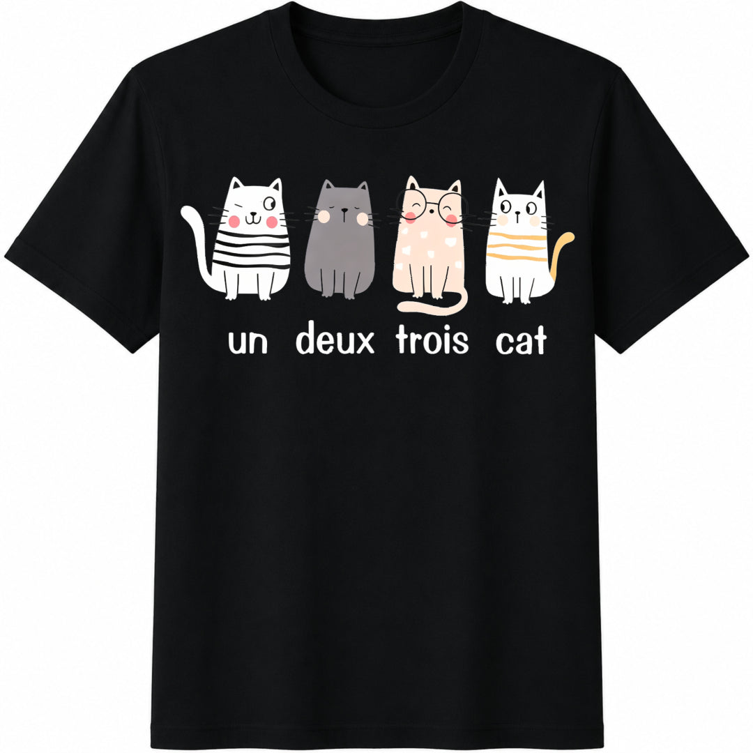 Four Cartoon Cats And French Text Cotton T-Shirt - Black