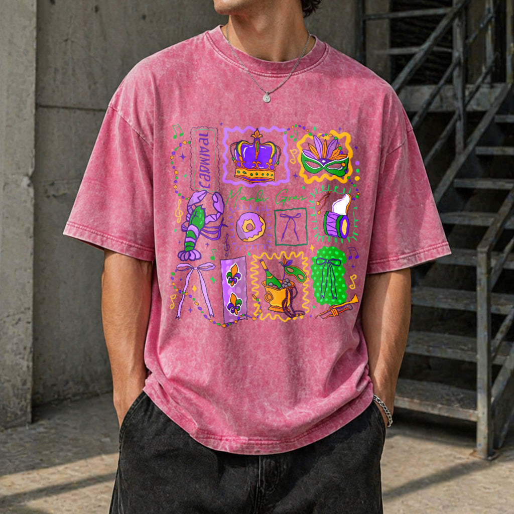 Mardi Gras Doodle Icons Vintage Washed T-Shirt - product view