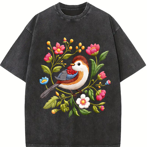 - Bird & Floral - Stretch Vintage Washed T-Shirt - product view