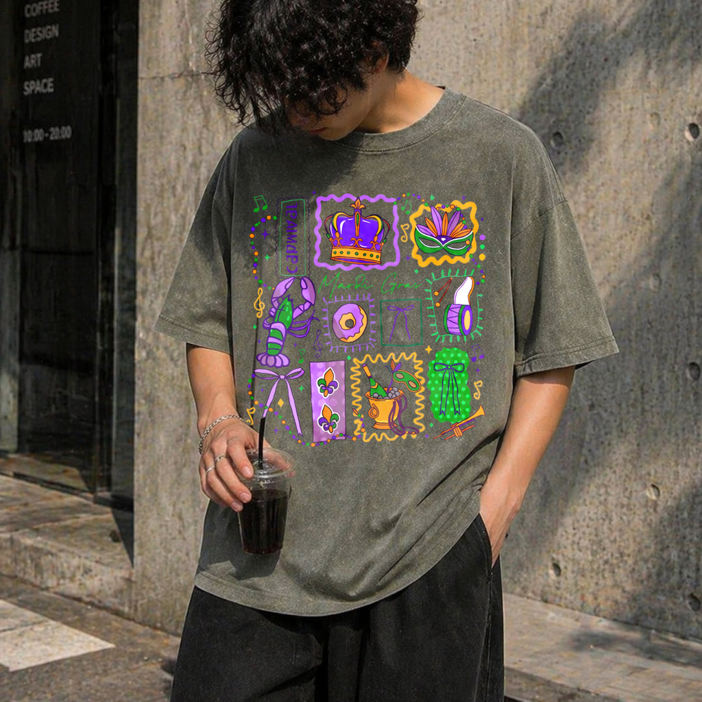 Mardi Gras Doodle Icons Vintage Washed T-Shirt - product view
