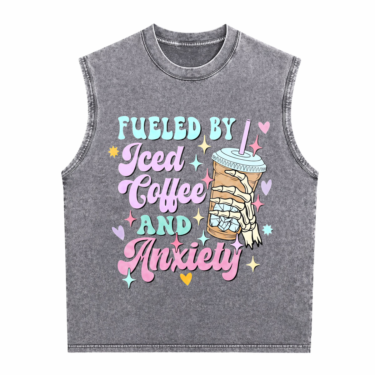 Fueled By Iced Coffee And Anxiety Funny Coffee Lover Men's Washed Tank Top - product view