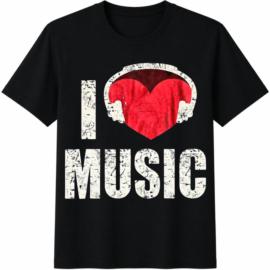 I Love Music Headphone - Heart Headphones Cotton T-Shirt - Black