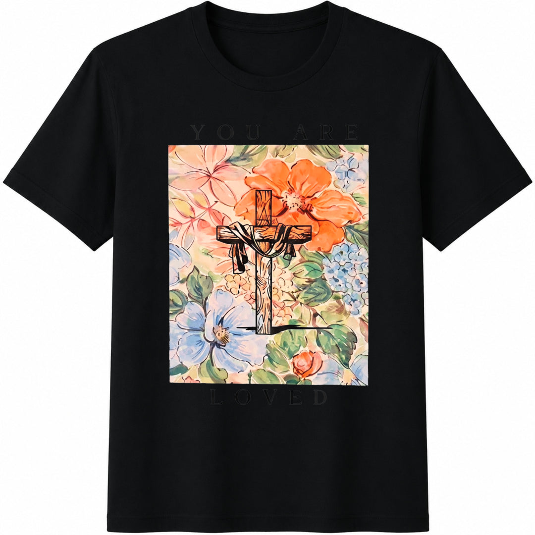 Summer Brush Stroke Letter -drawn Cross Cotton T-Shirt - Black