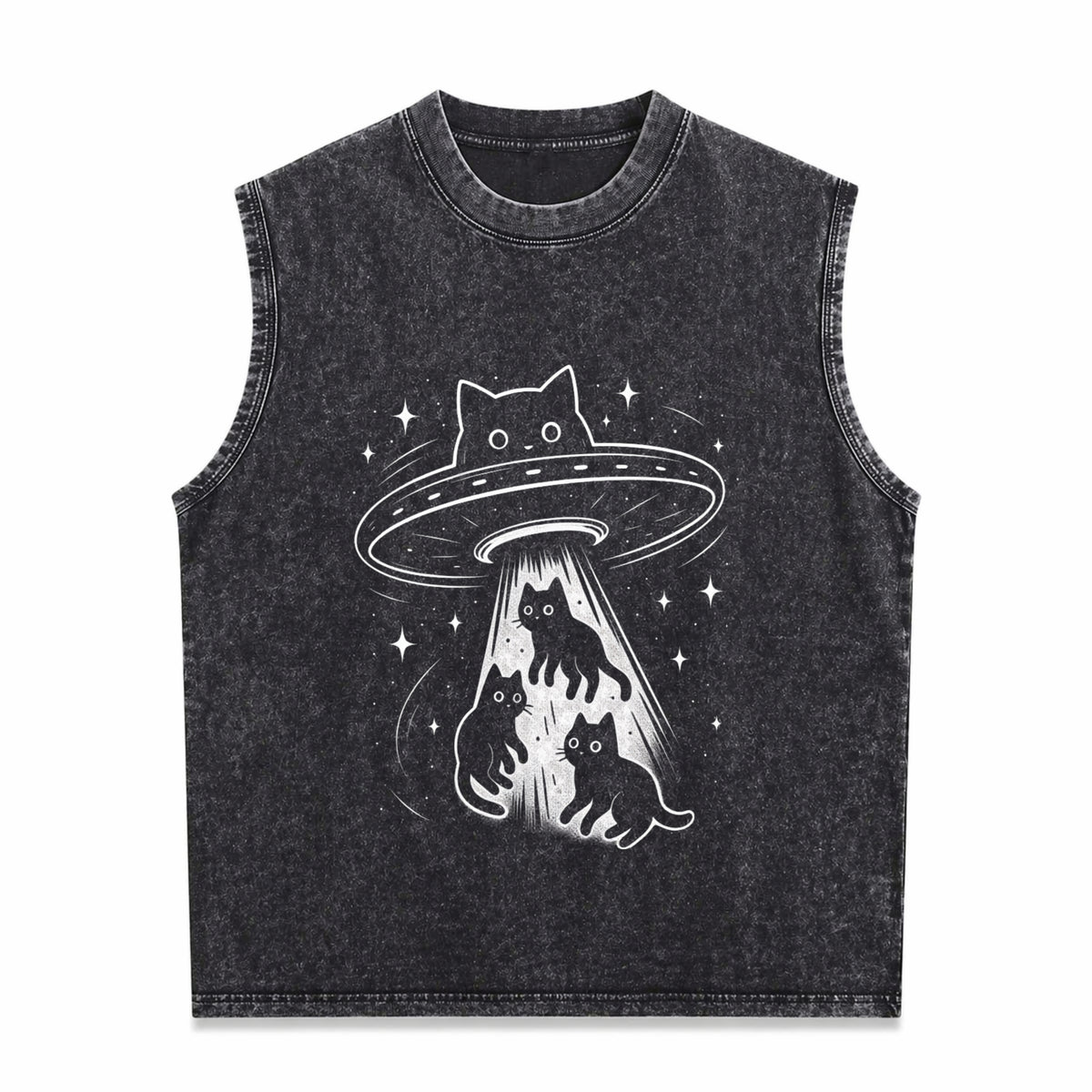 Funny Cat UFO Cute Kitty Space Spaceship Alien Aesthetic Men's Washed Tank Top - Black