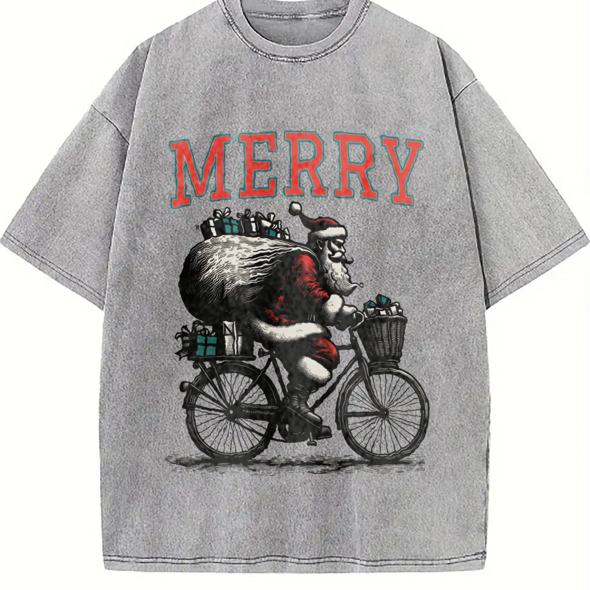 Merry Santa Riding Bike 90s Vintage Washed T-Shirt - product view