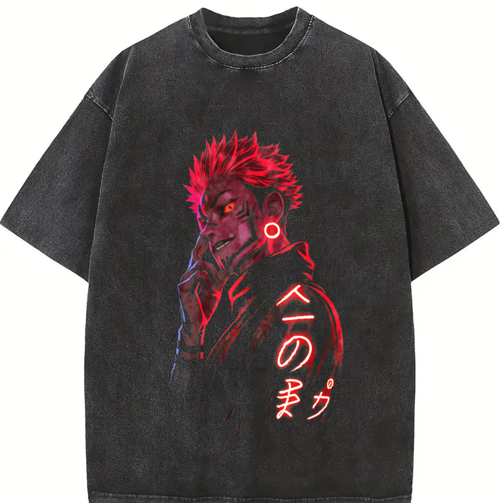 Ryomen Sukuna Jujutsu Kaisen Oversized Washed Tee Heavy Cotton Neon Red Graphic Shirt Anime Collector Essential Double Sided Prints Big Bold Graphics