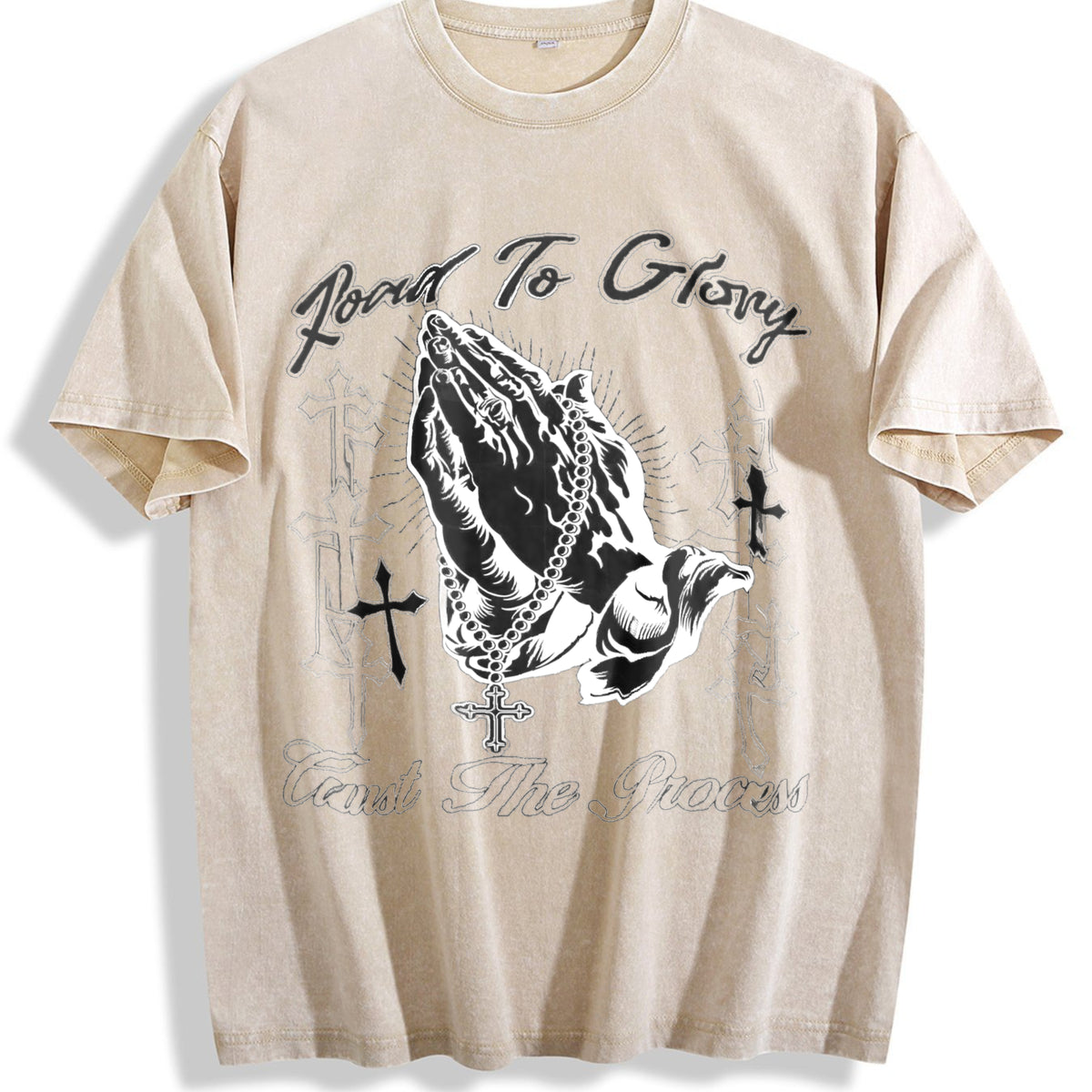 Road To Glory Praying Hands Cross Vintage Washed T-Shirt - Beige