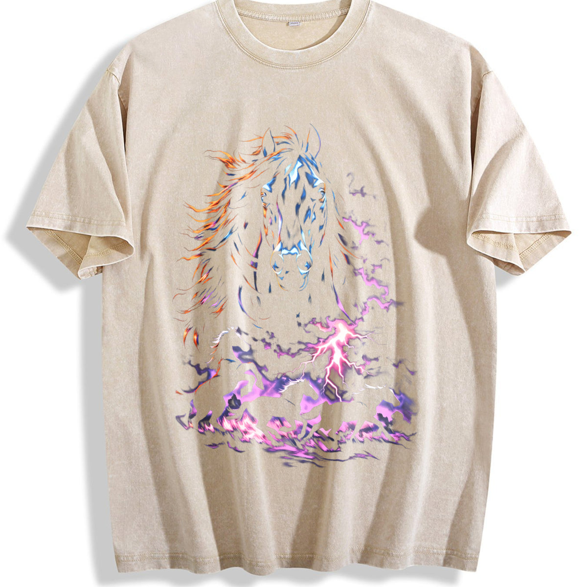 Lightning Horse 90s Vintage Washed T-Shirt - Beige