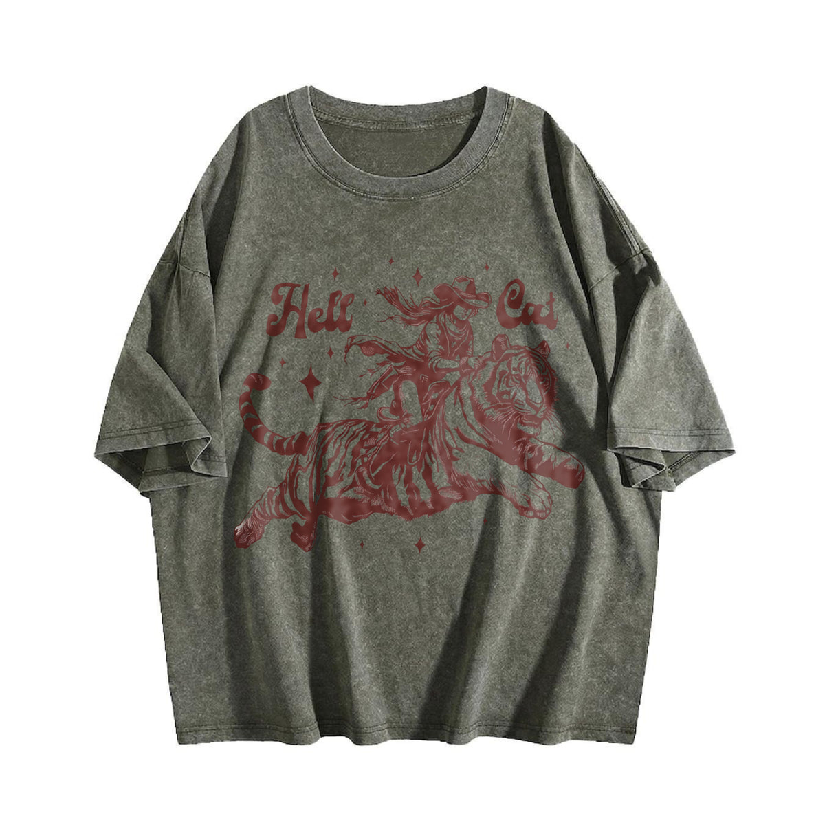 Hell Cat Cowgirl Riding Tiger Vintage Washed T-Shirt - product view