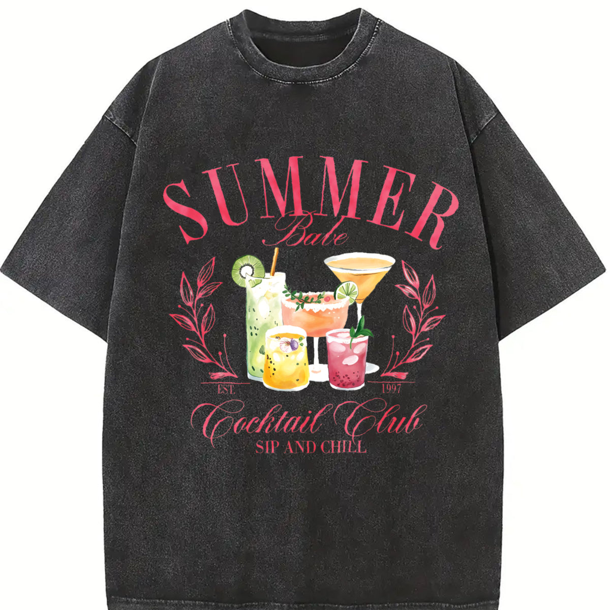 Women's Fruit Cocktail Print Round Neck Tee, Casual Short Sleeve Crew Neck T-shirt for Summer, Fashion Women's Top for Daily Wear