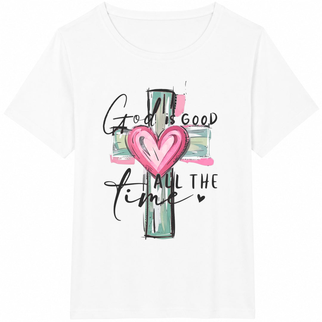 God Is Good All The Time Christian Cross Heart For Faith Cotton T-Shirt - product view