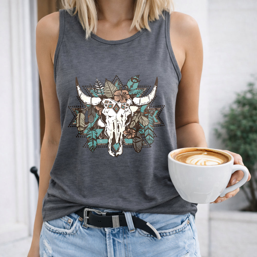 Western & Cartoon Cow Skull Women's Tank Top - product view