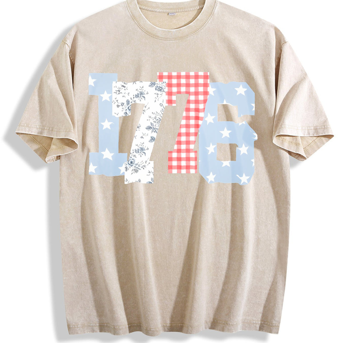 1776 Plaid Floral Star Number Vintage Washed T-Shirt - Beige