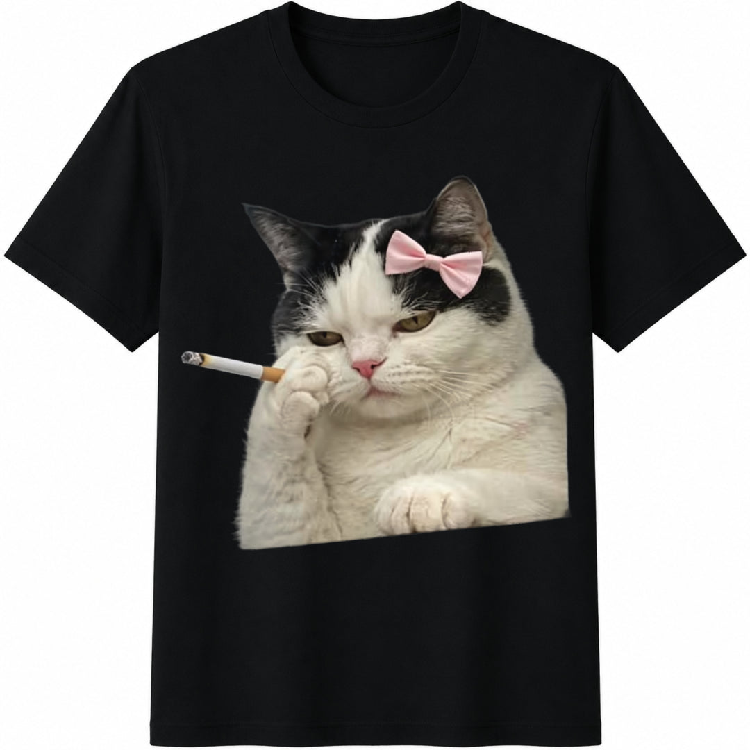 Funny Smoking Cat Cotton T-Shirt - Black