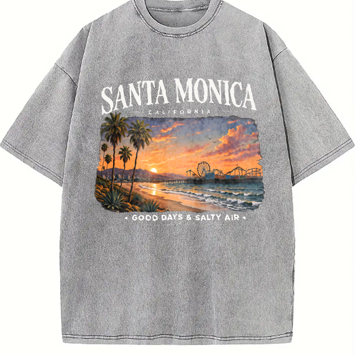 Santa Monica California - Beach Vacation Travel Pier Vintage Washed T-Shirt - product view