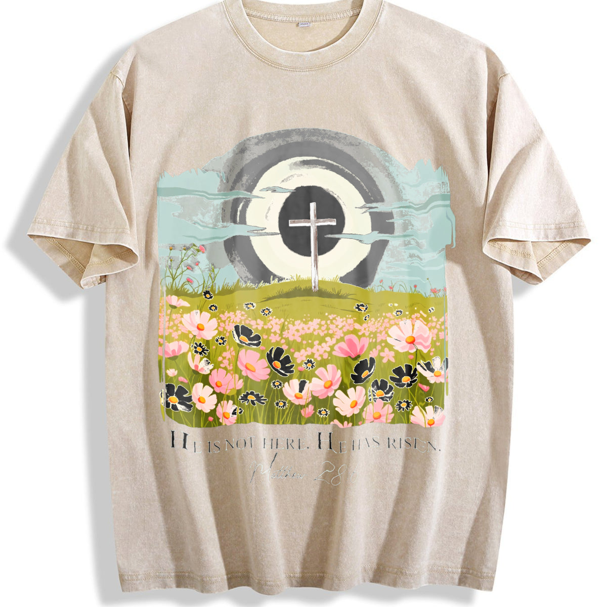 Christian Easter He Is Risen Vintage Washed T-Shirt - Beige