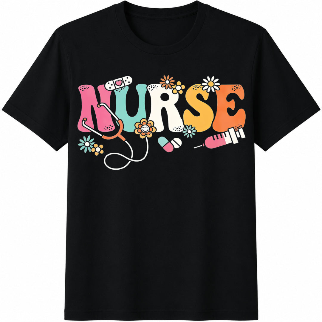 Nurse Stethoscope Flowers Bandage Syringe Pills Cotton T-Shirt - Black