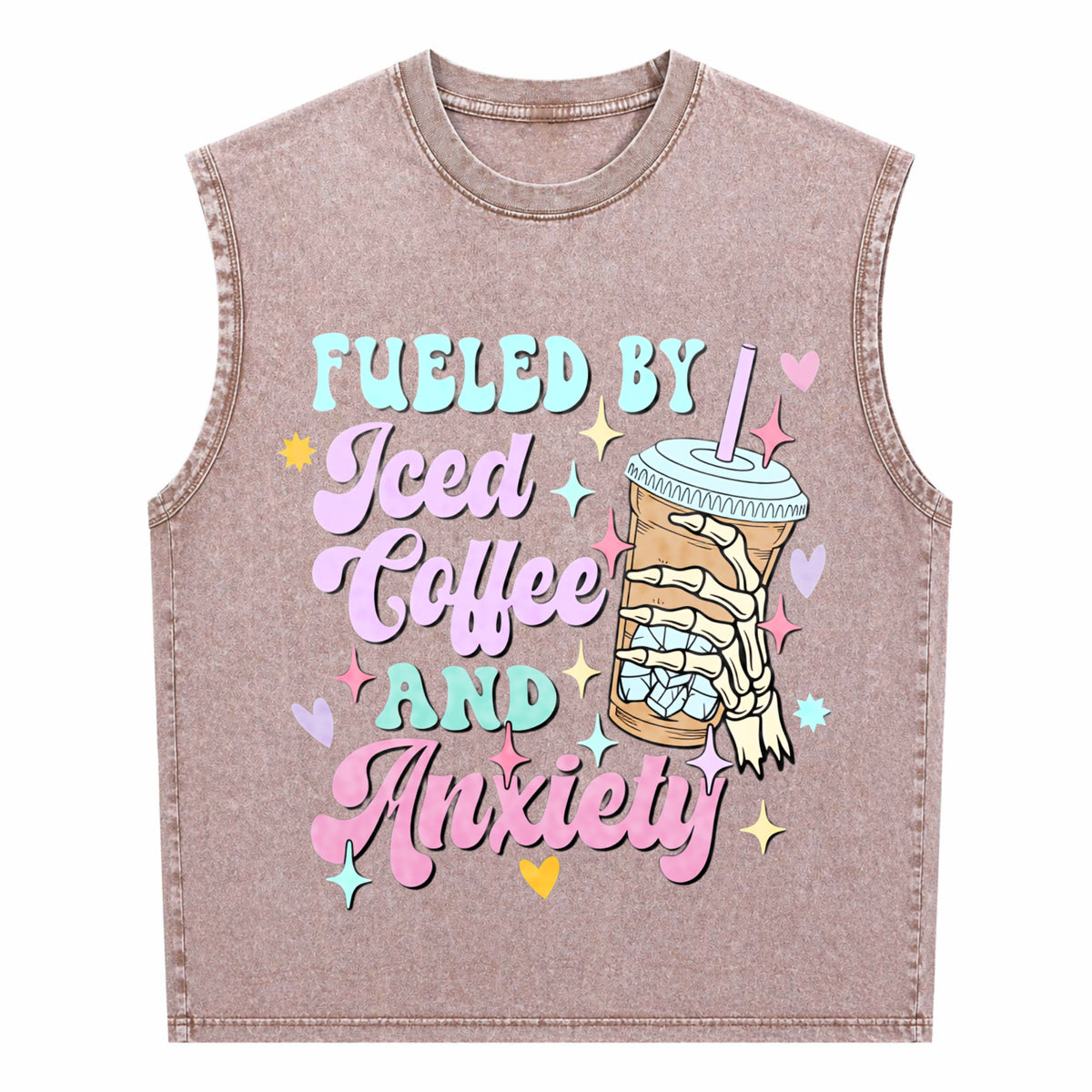 Fueled By Iced Coffee And Anxiety Funny Coffee Lover Men's Washed Tank Top - product view