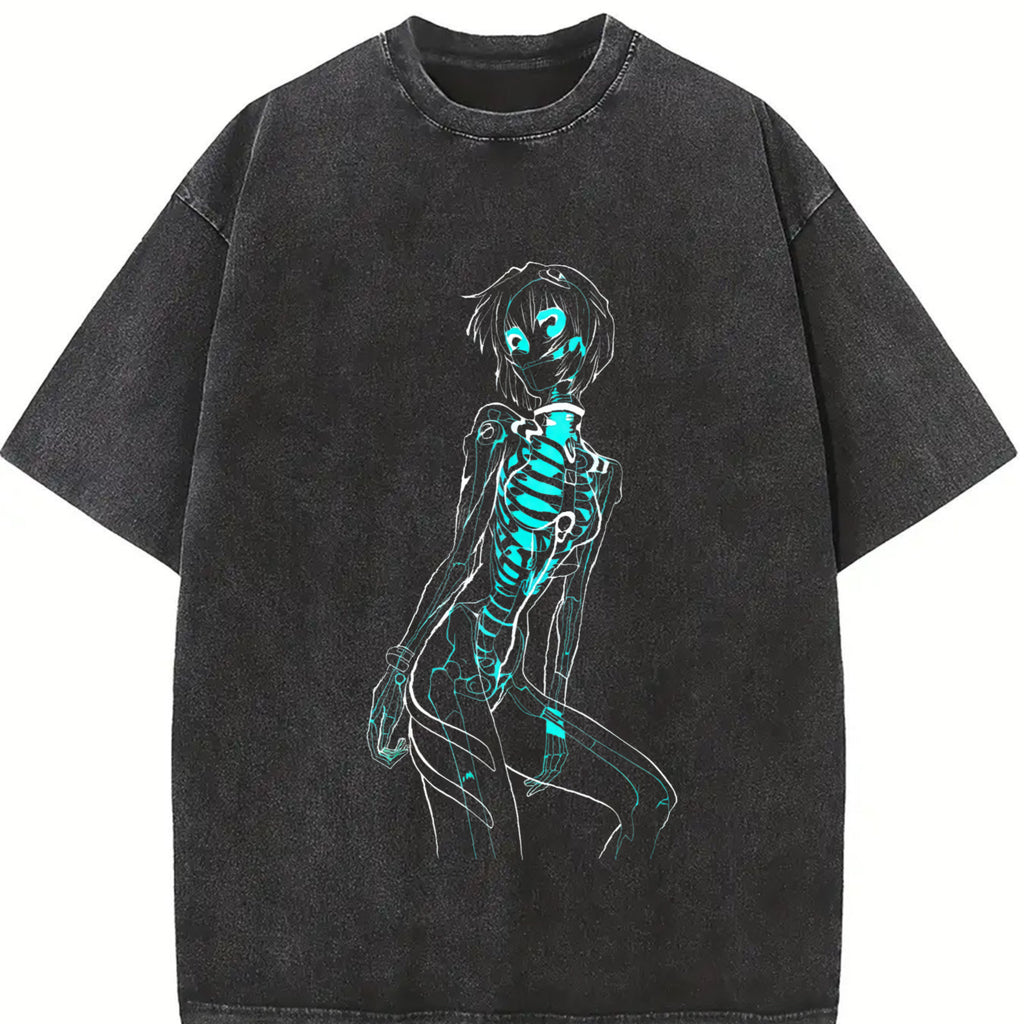 Neon Evangelion Anime Double Printed Vintage Washed Tee Unisex Oversize Anime Manga Washed Heavyweight Cotton T-shirt boyfriend  tees