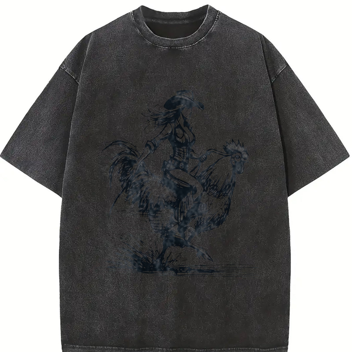 Funny Cowgirl Riding Chicken 90s Vintage Washed T-Shirt - product view