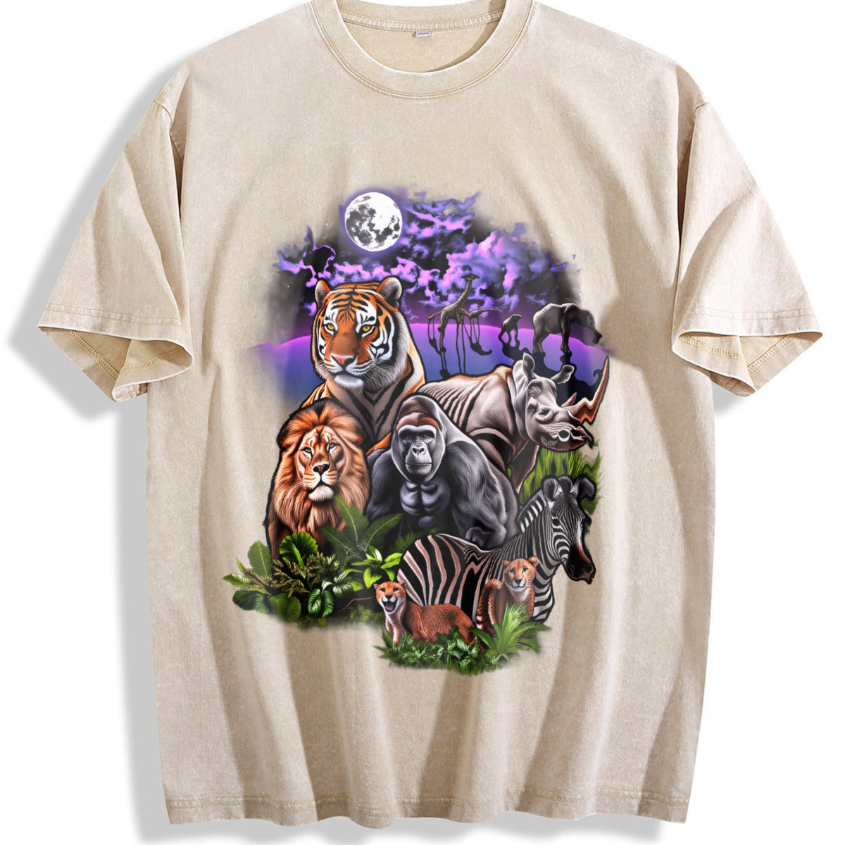 Rainforest Animals 90s Vintage Washed T-Shirt - Beige