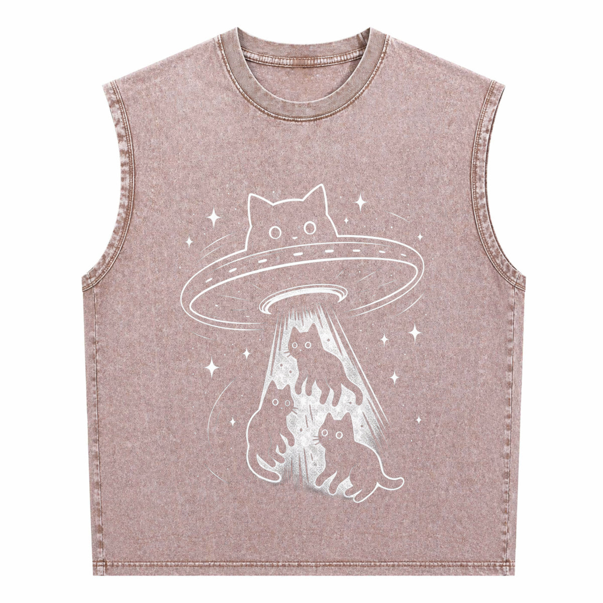 Funny Cat UFO Cute Kitty Space Spaceship Alien Aesthetic Men's Washed Tank Top - product view
