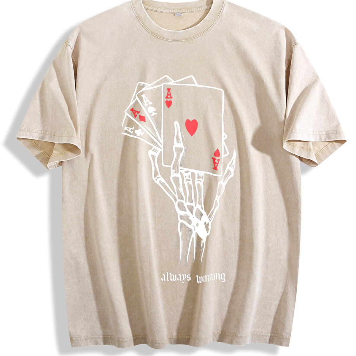 Dark Punk Of A Skeleton Hand Playing Poker Vintage Washed T-Shirt - Beige