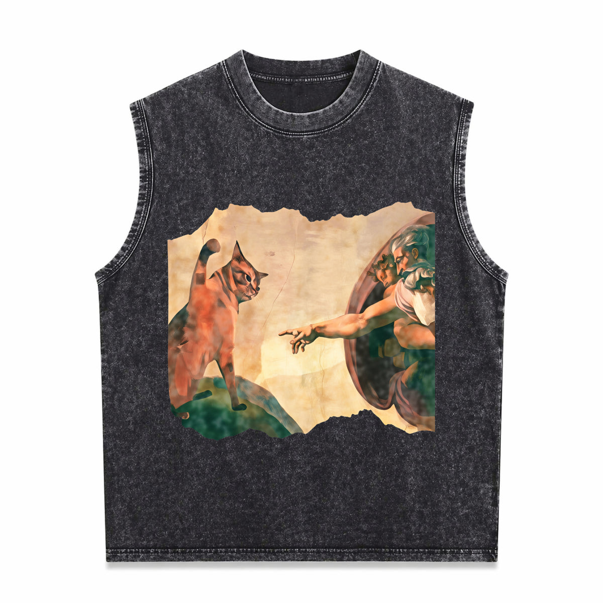 Funny Cat Swatting God's Hand Parody Cat The Divine Men's Washed Tank Top - Black