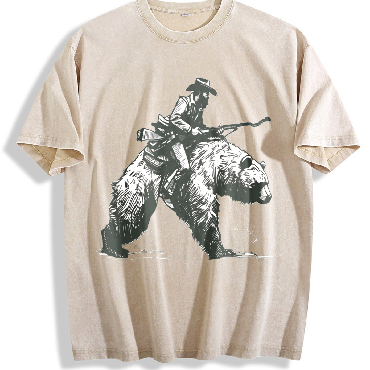Lumberjack Cowboy Riding A Bear 90s Vintage Washed T-Shirt - Beige