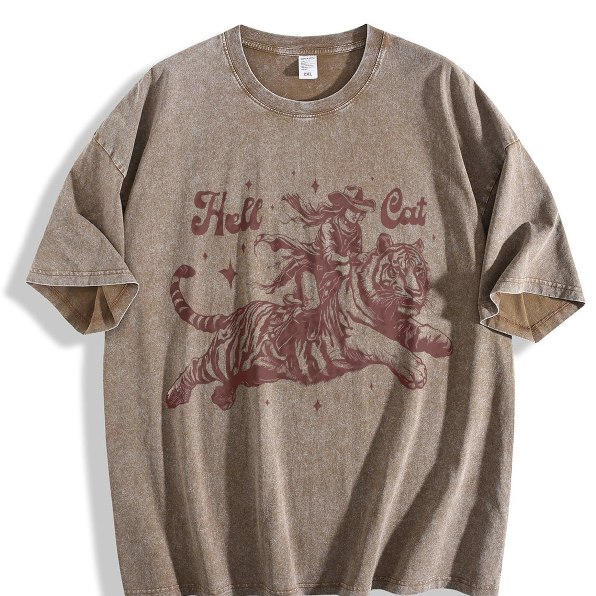 Hell Cat Cowgirl Riding Tiger Vintage Washed T-Shirt - product view