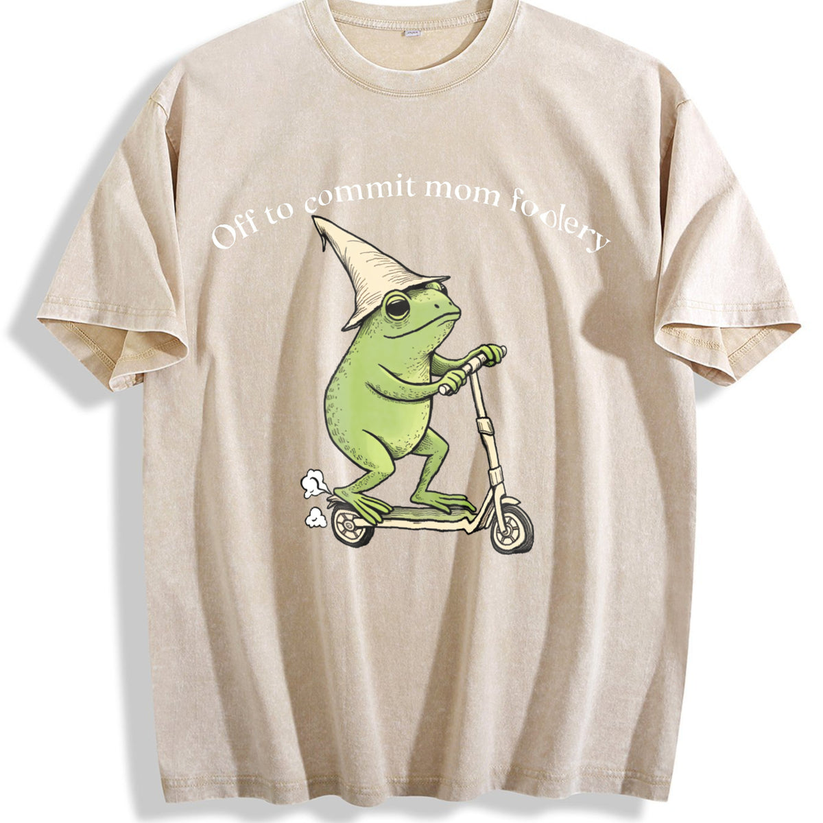 Mama Frog Off To Commit Mom Foolery Funny Frog Scooter Vintage Washed T-Shirt - Beige