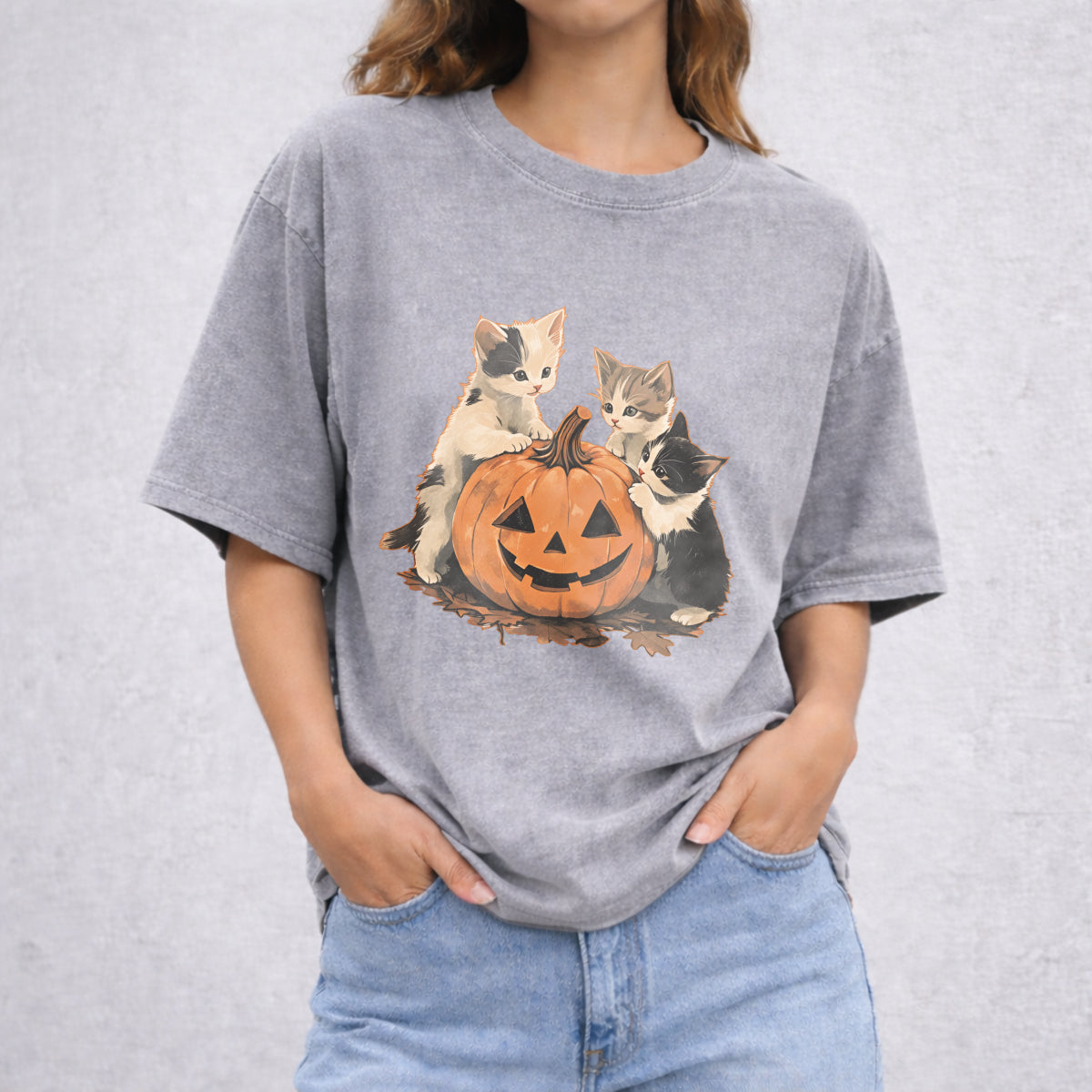 90s Cat Pumpkin Halloween Vintage Washed T-Shirt - product view