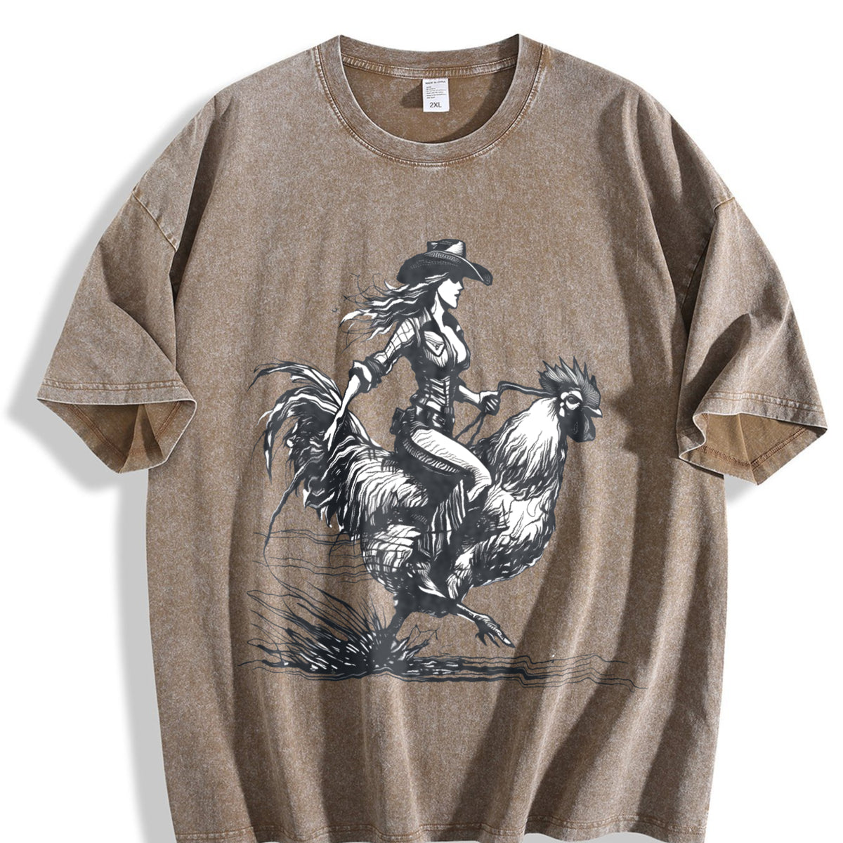 Cowgirl Riding Chicken 90s Vintage Washed T-Shirt - product view