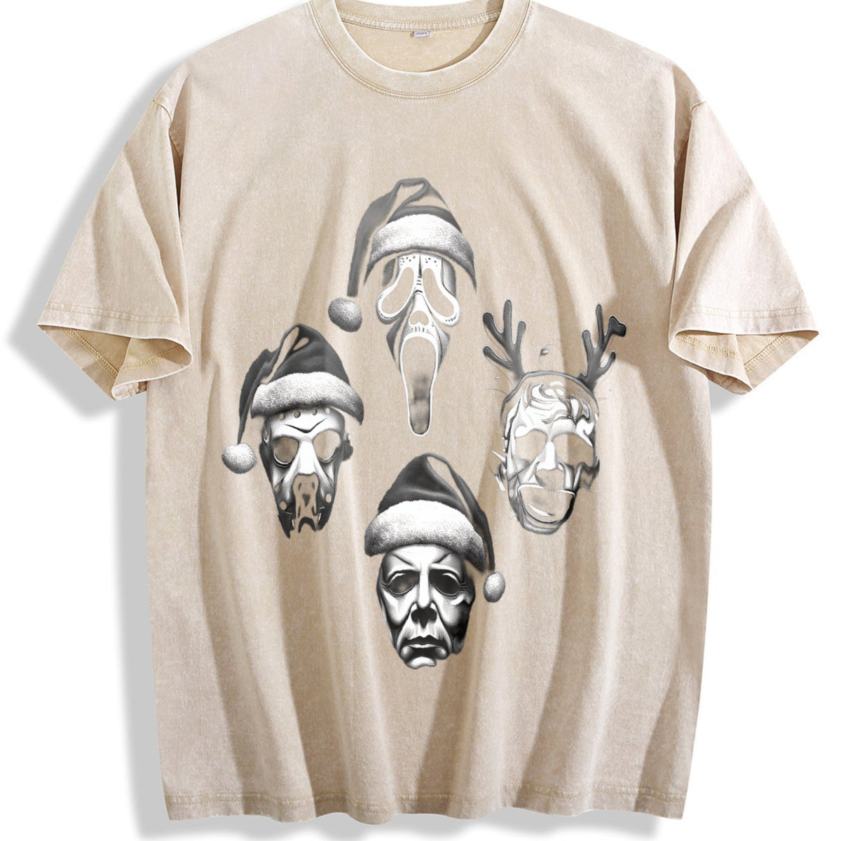 Horror Movie Christmas Vintage Washed T-Shirt - Beige