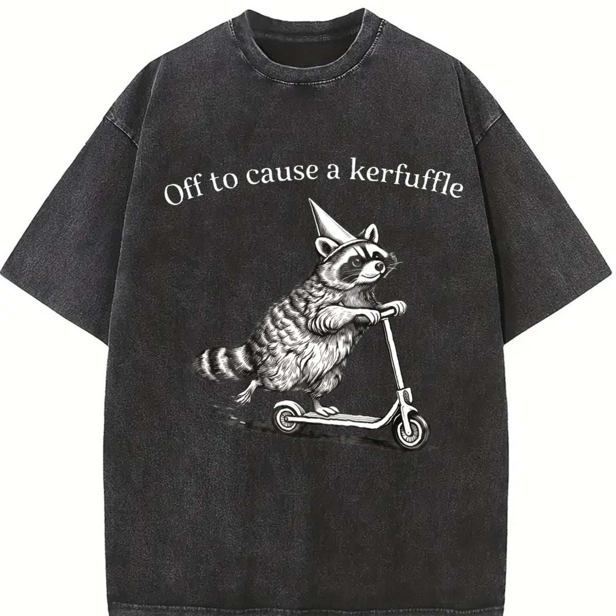 Comfort Colors Off To Cause A Kerfuffle Shirt, Funny Racoon Scooter Tshirt, Silly Animal Mental Health Tee, Adult Humor Sarcastic T-Shirt