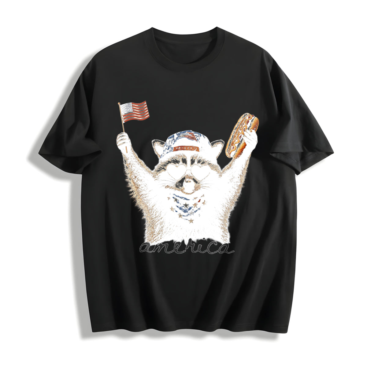 Funny Patriotic Raccoon America 4th Of July Raccoon Lover USA Cotton T-Shirt - Black